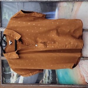 A New Day Blouse Large Burnt Orange W/Gold Woven Polka-dots